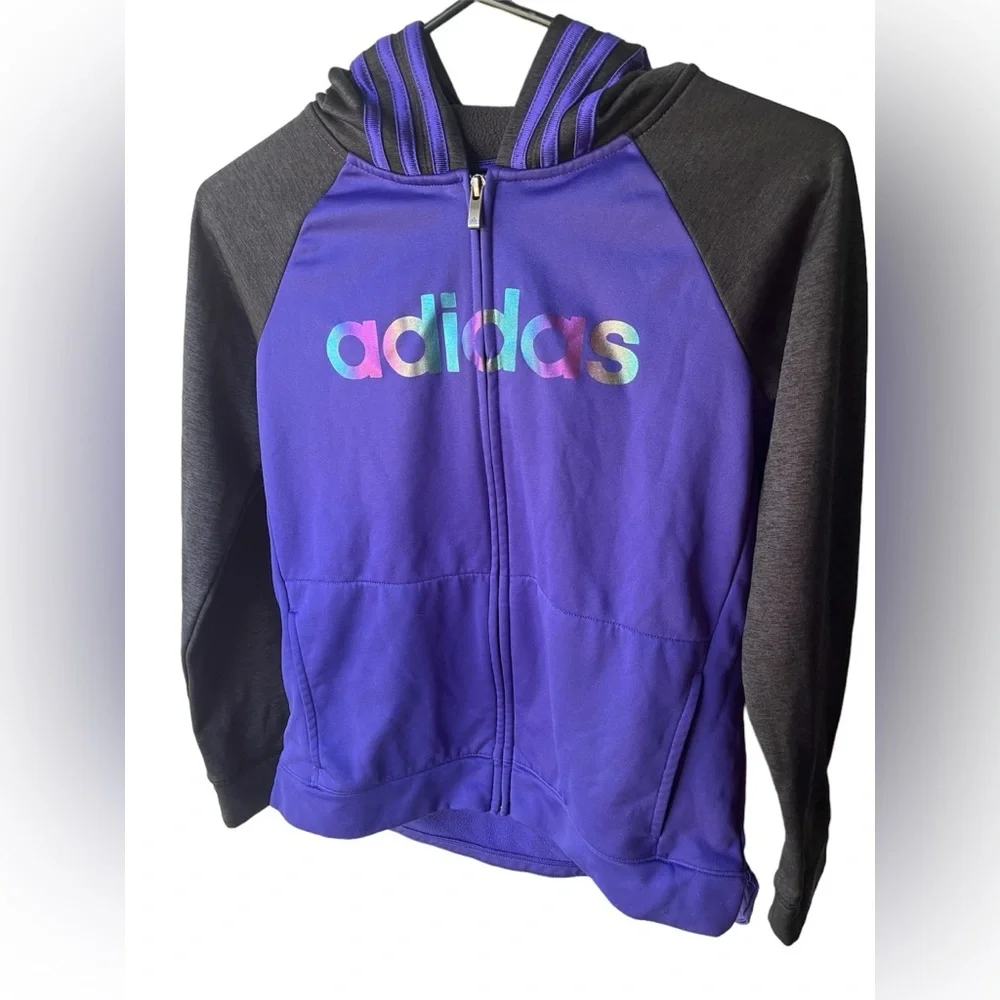 Adidas Youth 10–12 Full Zip Hoodie Jacket Purple Black Sleeves Iridescent Logo